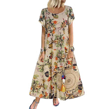 Load image into Gallery viewer, Vintage Cotton Linen Floral Print Short Sleeve Crew Neck Dress