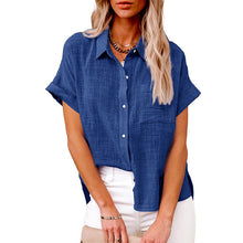 Load image into Gallery viewer, Women's Solid Color Pocket Short Sleeve Cotton Linen Shirt