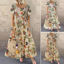 Load image into Gallery viewer, Vintage Cotton Linen Floral Print Short Sleeve Crew Neck Dress