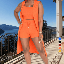 Load image into Gallery viewer, 3PCS Ribbed Crop Tank Top &amp; Shorts Set With Vest Cardigan